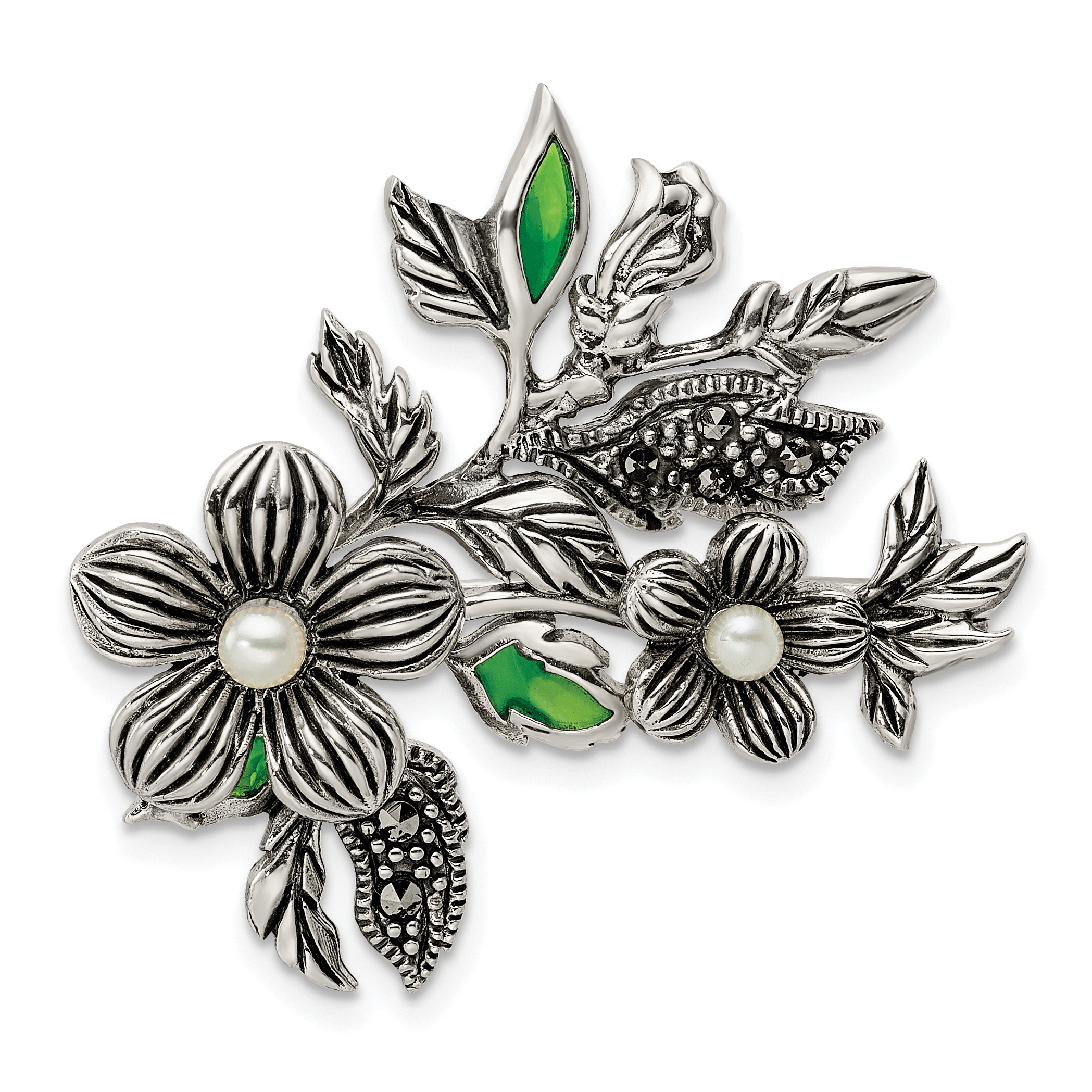 Sterling Silver Antiqued Freshwater Cultured Pearl Green Enamel Marcasite Floral Pin Brooch (QP5419)
