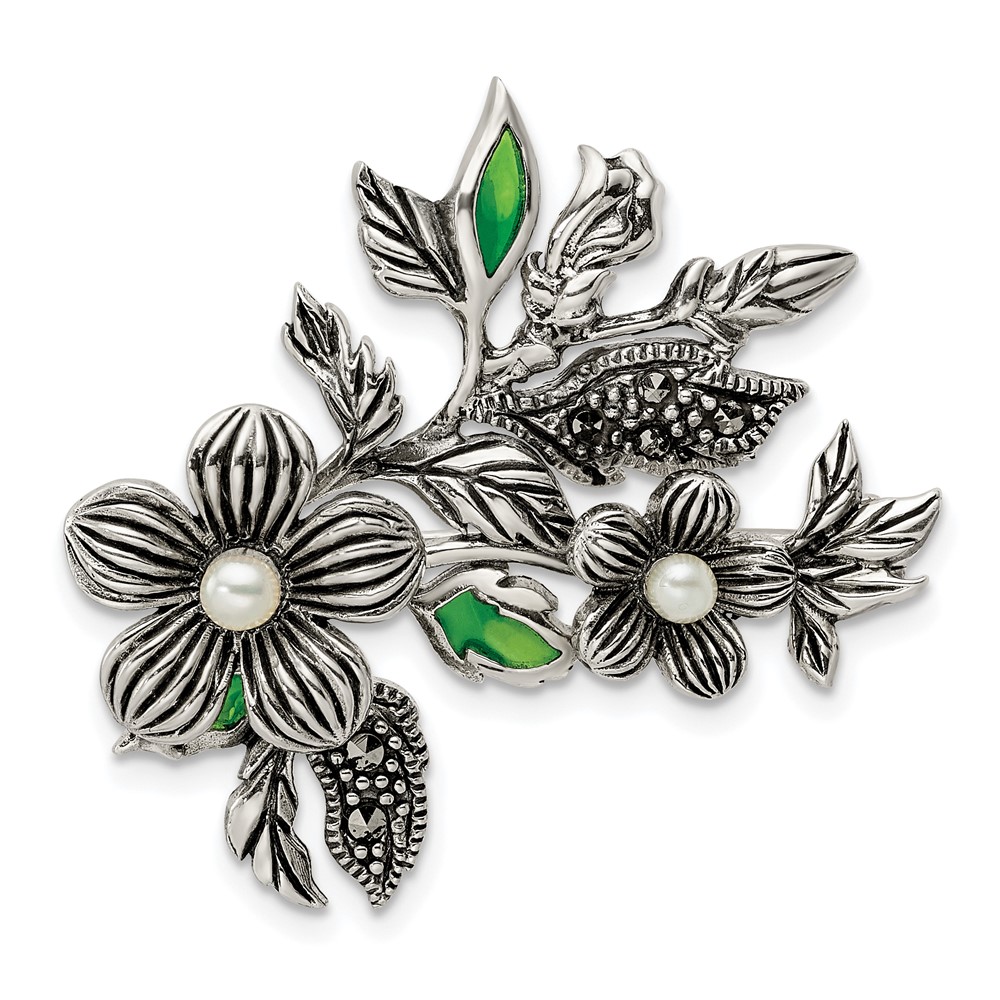 Sterling Silver Antiqued Freshwater Cultured Pearl Green Enamel Marcasite Floral Pin Brooch (QP5419)