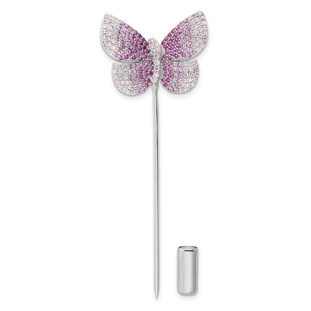 Sterling Silver Rhodium-plated Polished Pink CZ Butterfly Pin (QP5423)