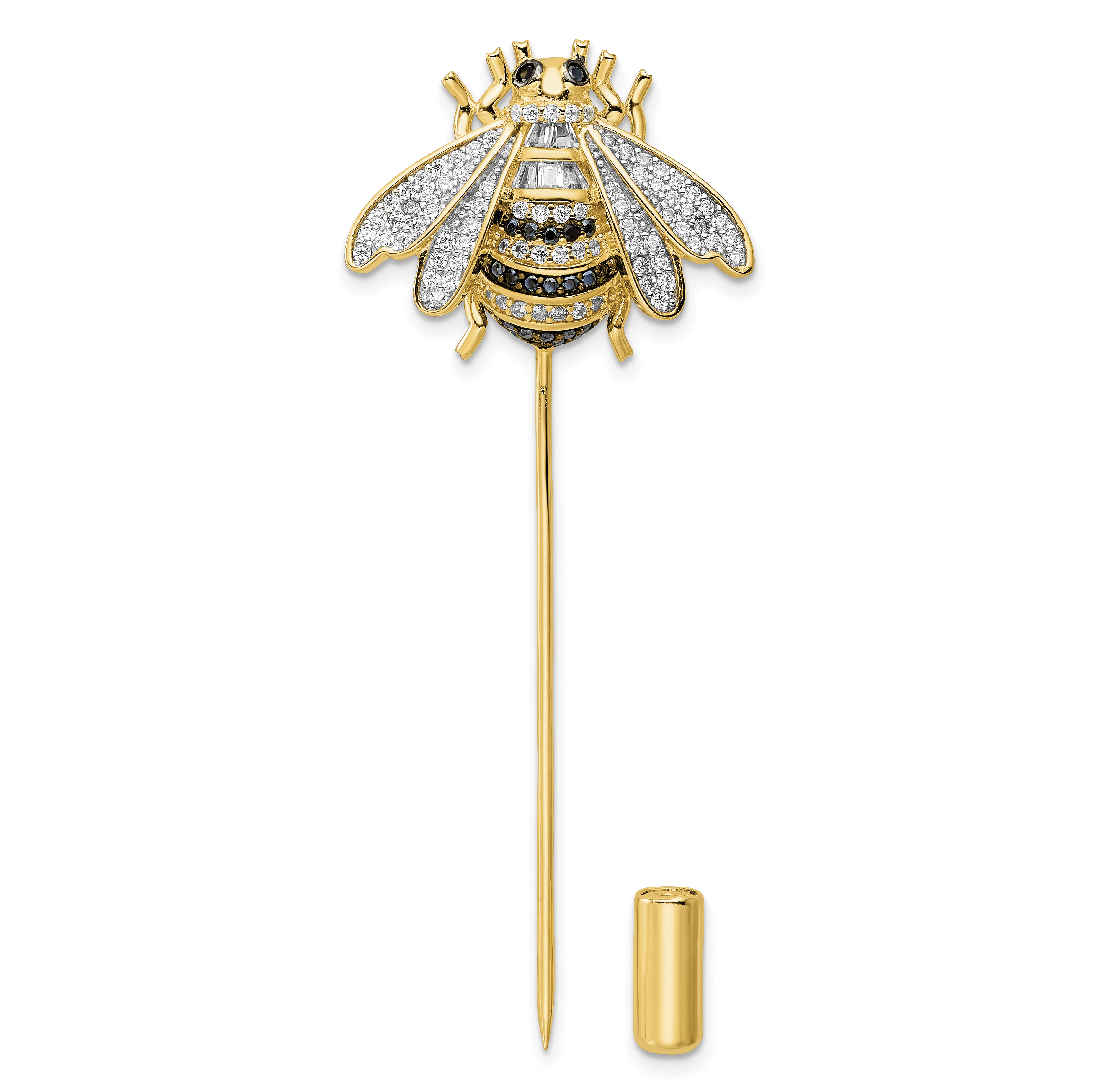 Sterling Silver Rhodium-plated Gold Tone Black and Clear CZ Bumblebee Pin (QP5425)