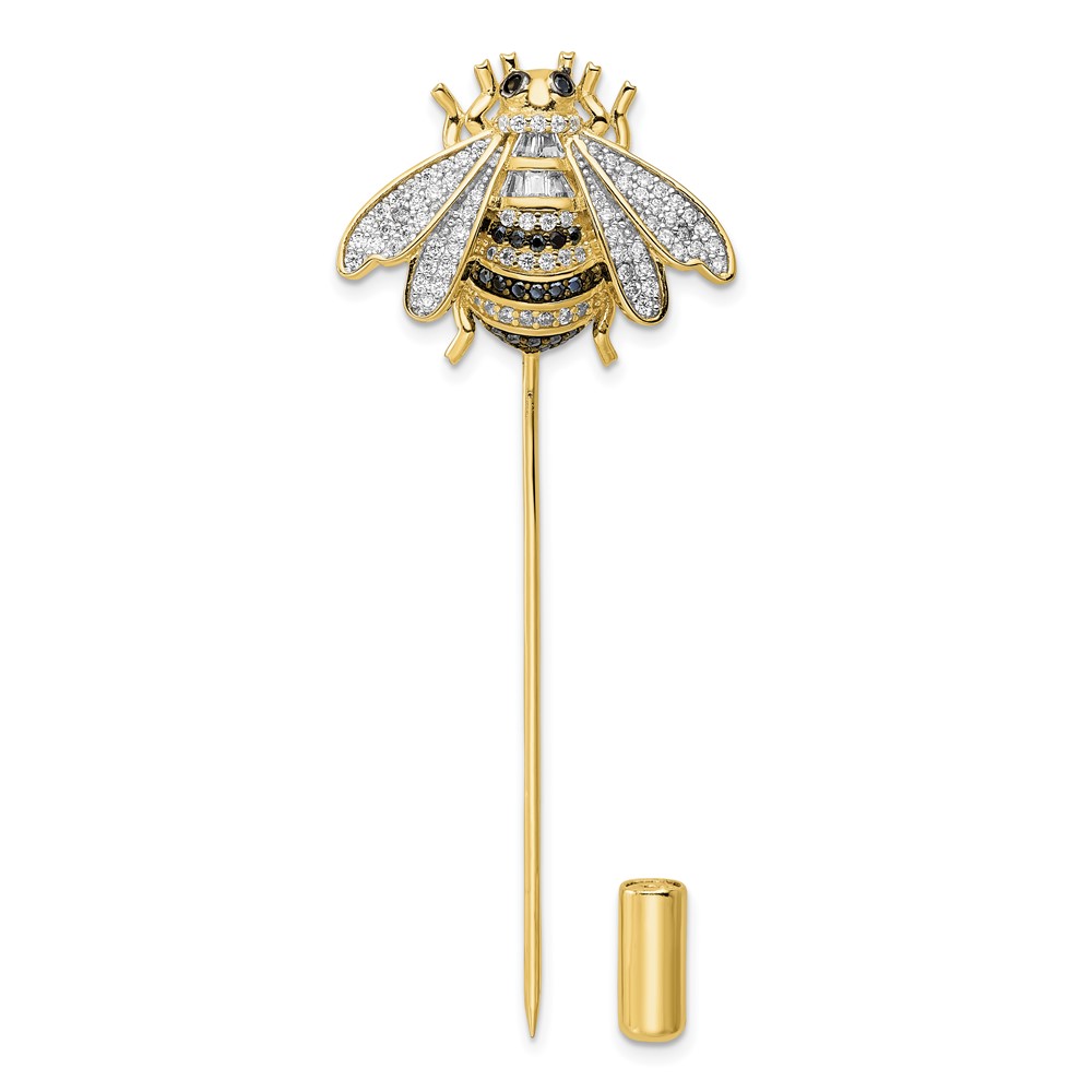Sterling Silver Rhodium-plated Gold Tone Black and Clear CZ Bumblebee Pin (QP5425)