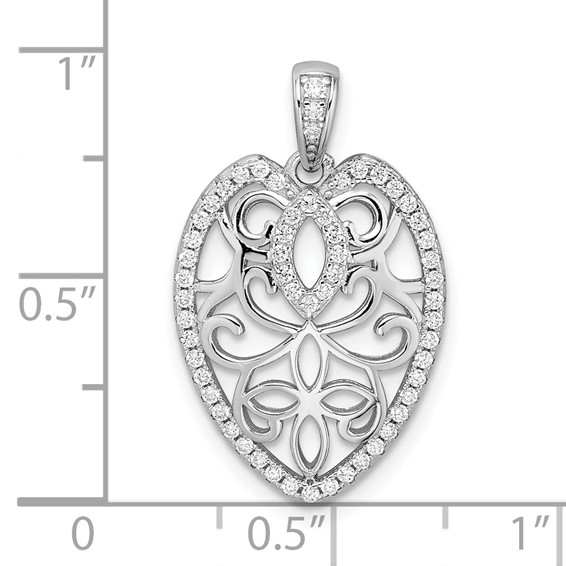 Sterling Silver Rhodium-plated CZ Filigree Leaf Pendant
