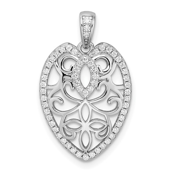 Sterling Silver Rhodium-plated CZ Filigree Leaf Pendant