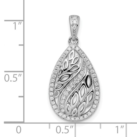 Sterling Silver Rhodium-plated Leaves and CZ Teardrop Pendant