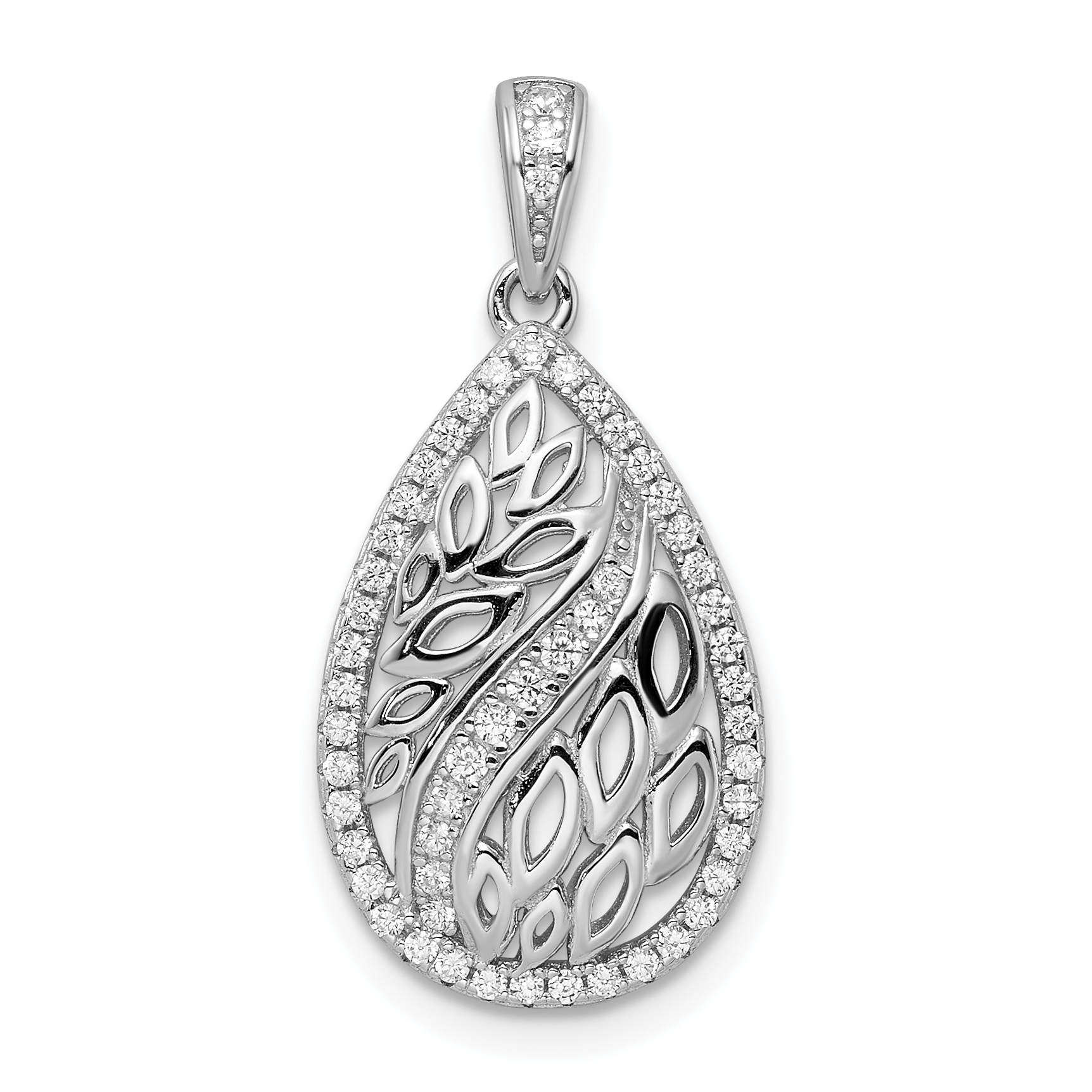 Sterling Silver Rhodium-plated Leaves and CZ Teardrop Pendant (QP5463)