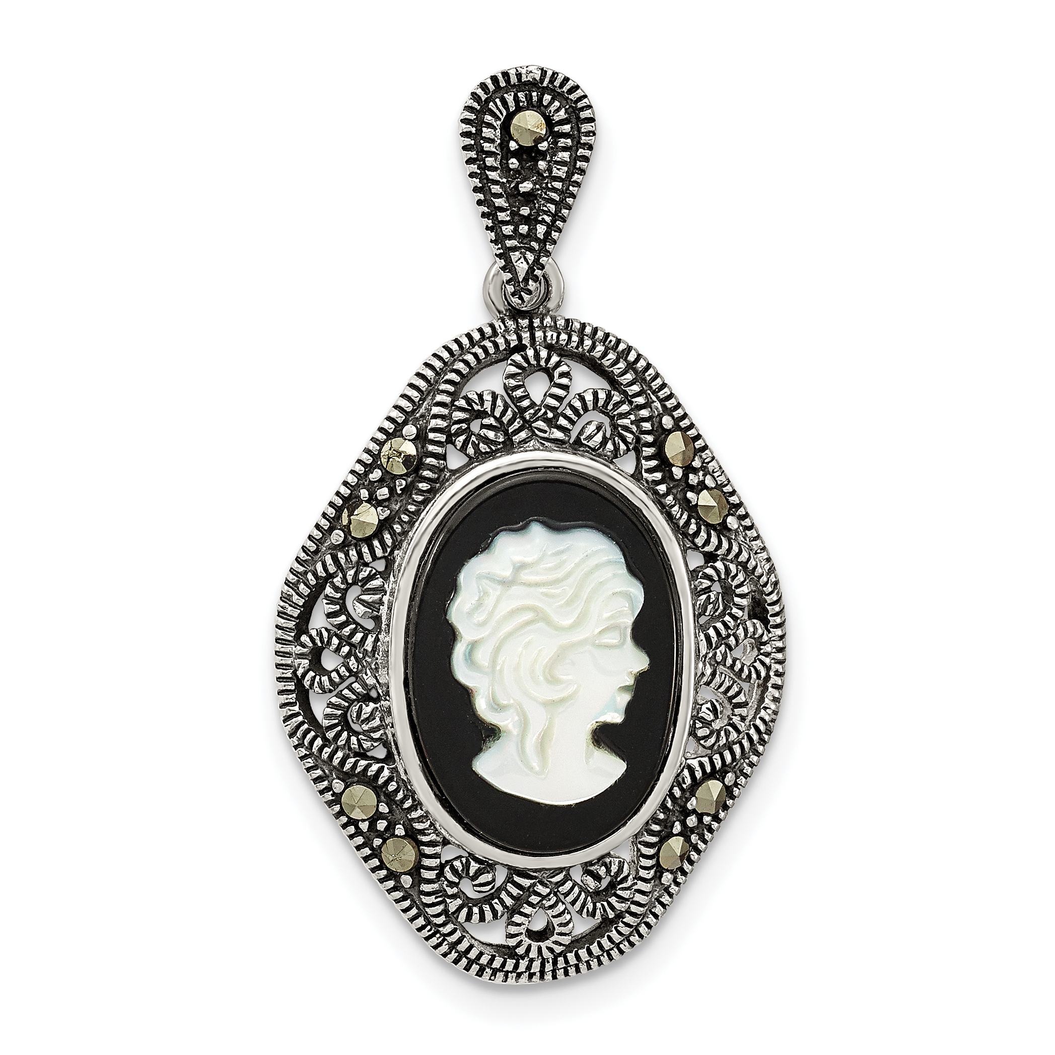 Sterling Silver Antiqued Marcasite Black Agate & MOP Cameo Pendant (QP5470)