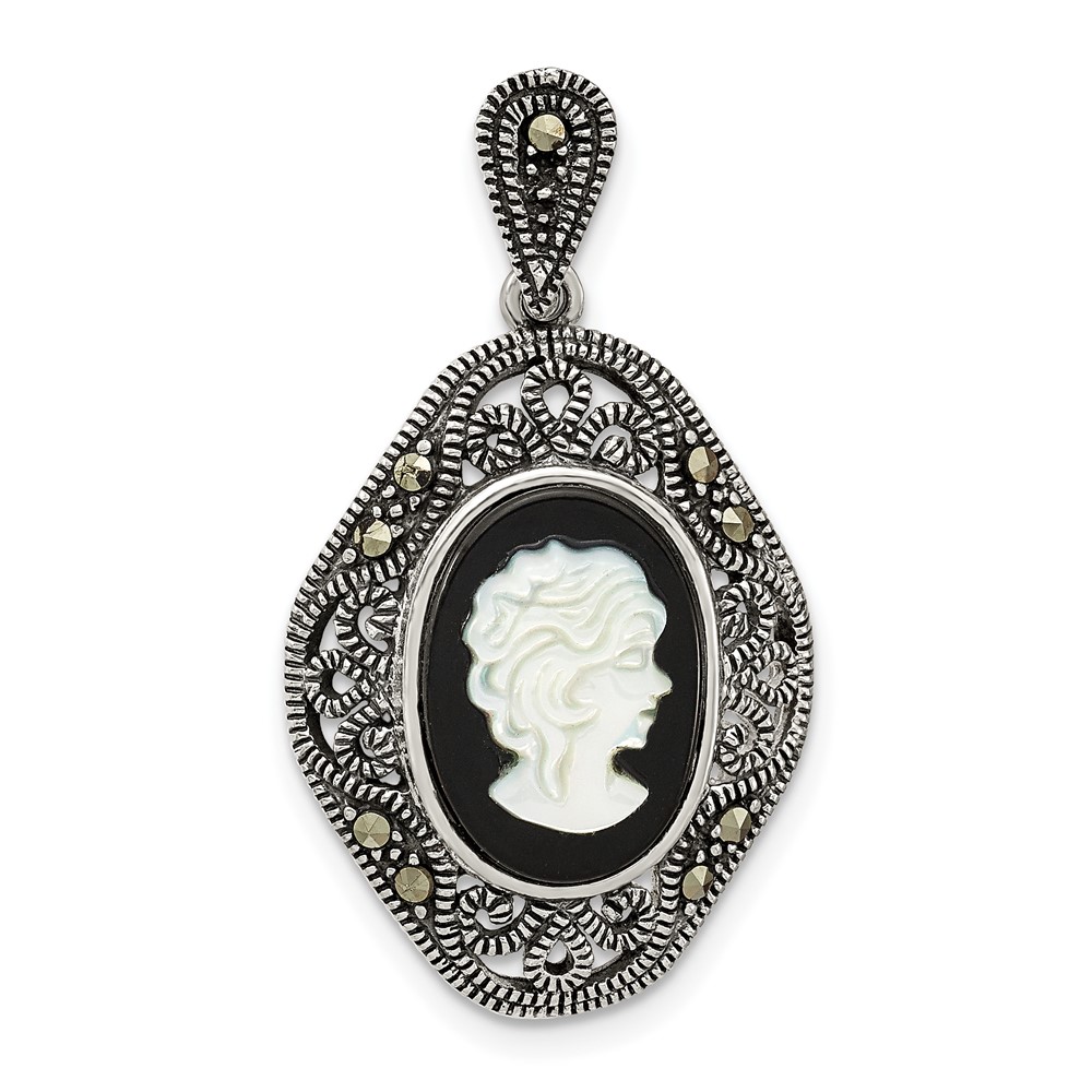 Sterling Silver Antiqued Marcasite Black Agate & MOP Cameo Pendant (QP5470)