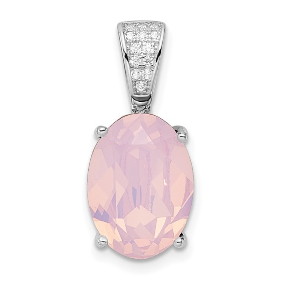Sterling Silver Rhodium-plated Polished CZ & Pink Crystal Pendant