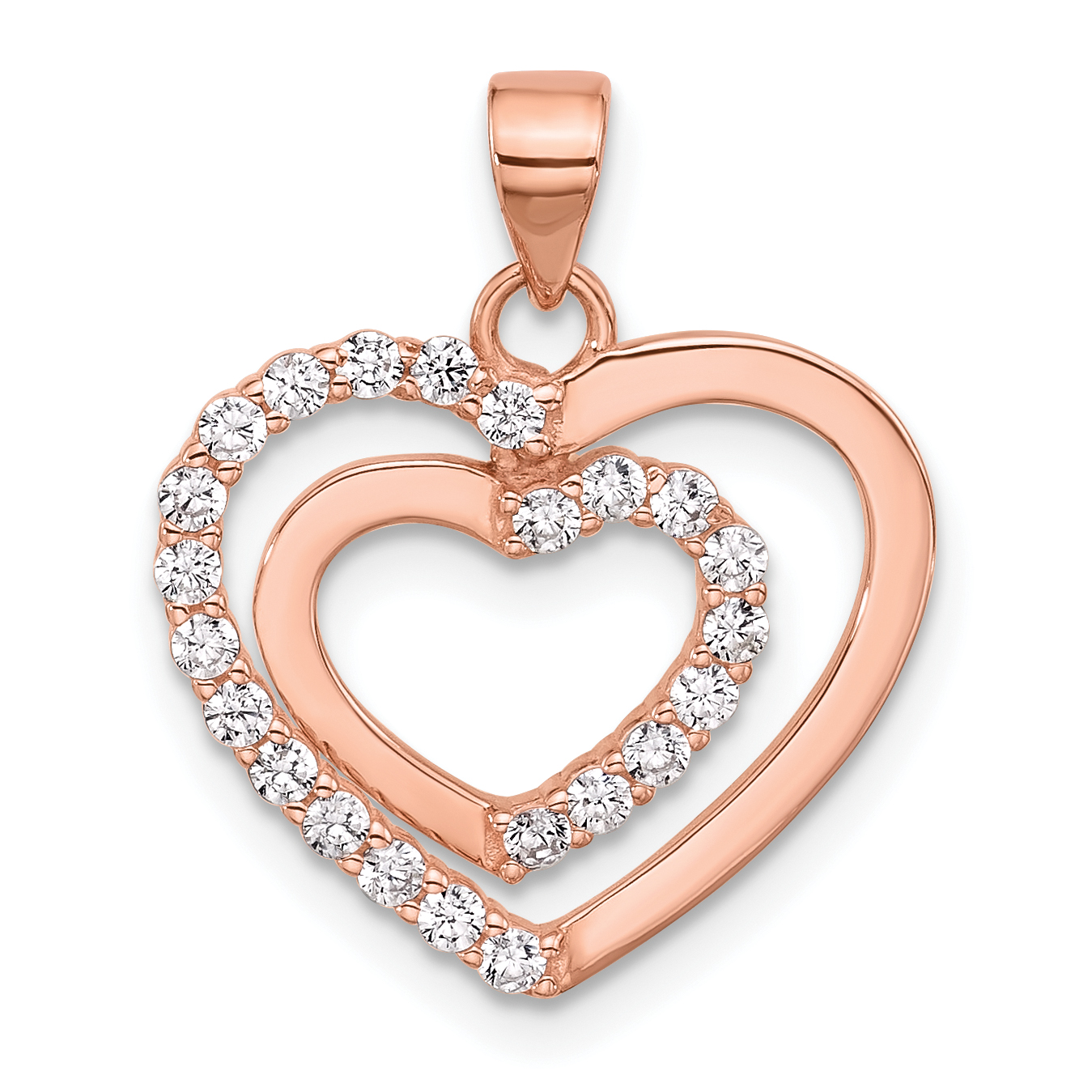 Sterling Silver Rose Tone CZ Double Heart Pendant (QP5492)