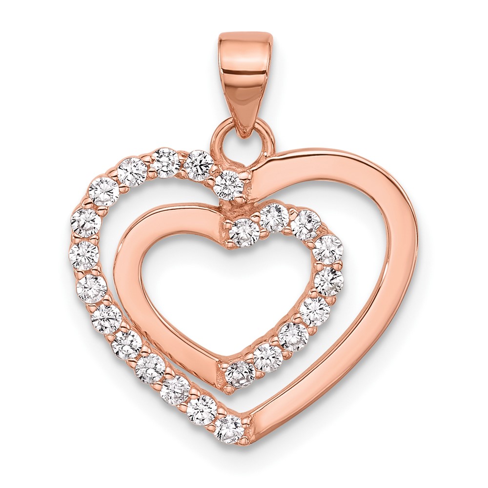Sterling Silver Rose Tone CZ Double Heart Pendant (QP5492)
