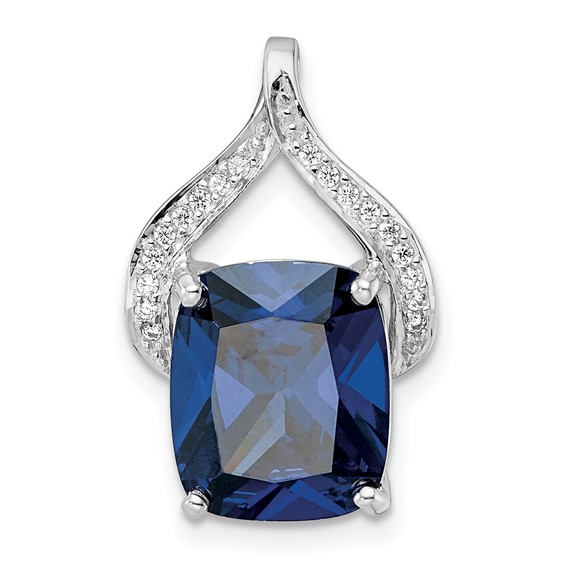 Sterling Silver Rhodium-plated Blue Shaped Stone & CZ Chain Slide