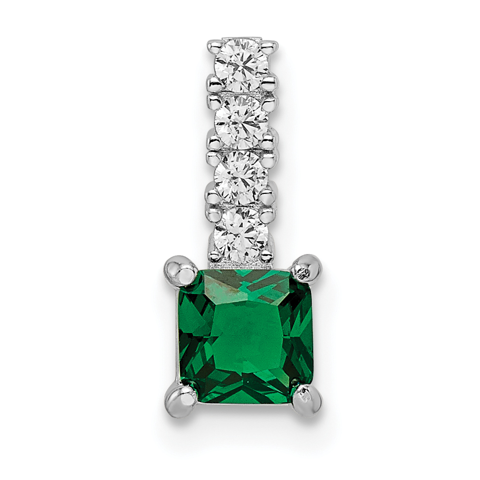 Sterling Silver Polished Rhodium-plated Green & Clear CZ Square Pendant (QP5623)