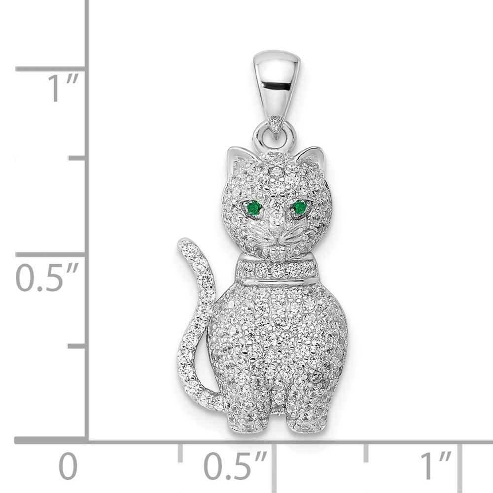 Sterling Silver Rhodium-plated Polished Green & White CZ Cat Pendant (QP5655)