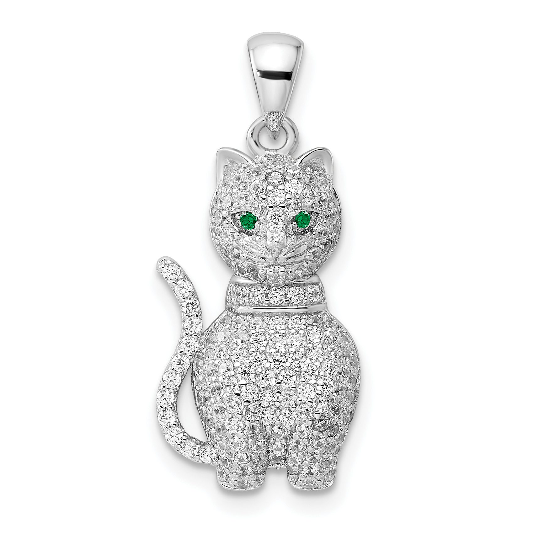 Sterling Silver Rhodium-plated Polished Green & White CZ Cat Pendant (QP5655)