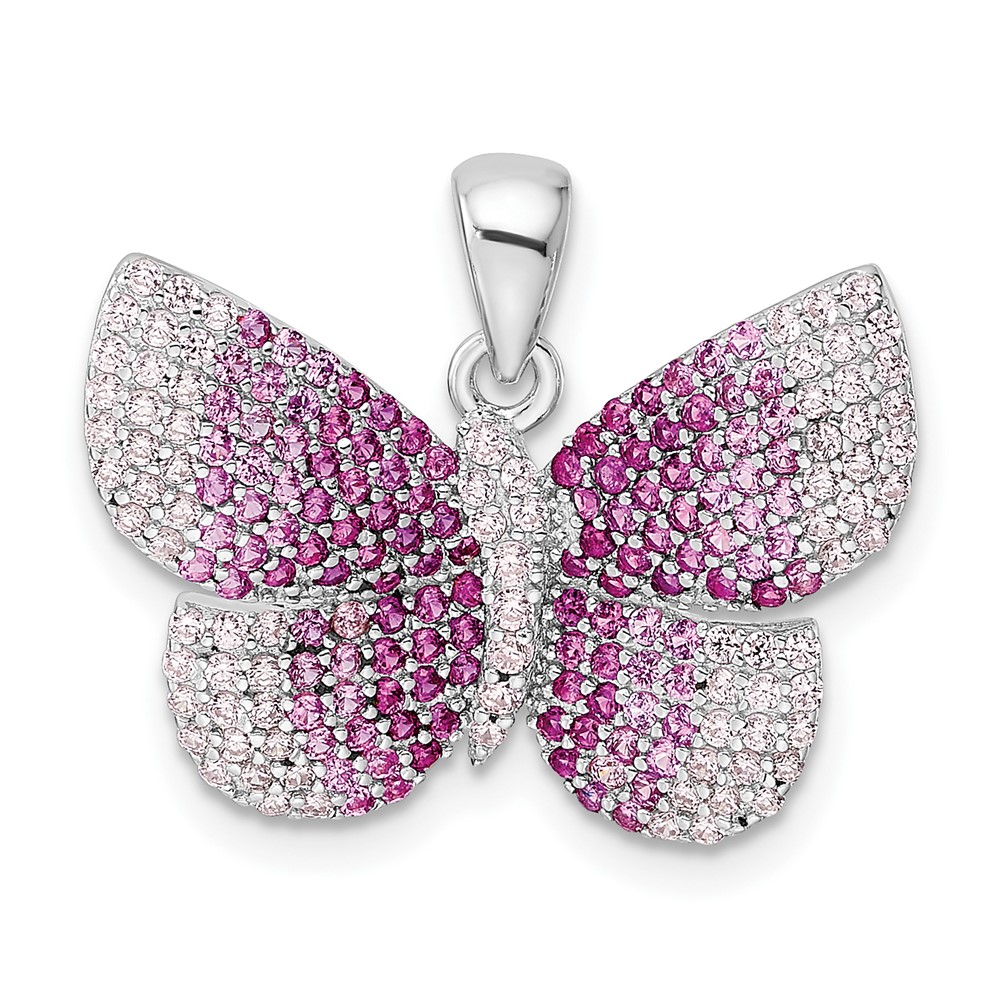 Sterling Silver Rhodium-plated Polished Pink CZ Butterfly Pendant (QP5657)