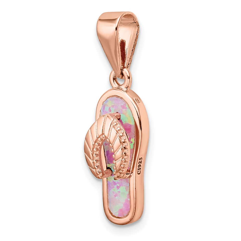 Sterling Silver Rose-tone Polished Pink Created Opal Inlay Flip Flop Pendan (QP5660)