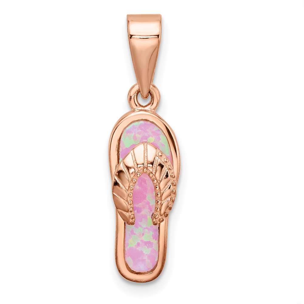 Sterling Silver Rose-tone Polished Pink Created Opal Inlay Flip Flop Pendan (QP5660)