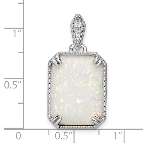 Sterling Silver RH-plated White Created Opal & CZ Beaded Border Pendant