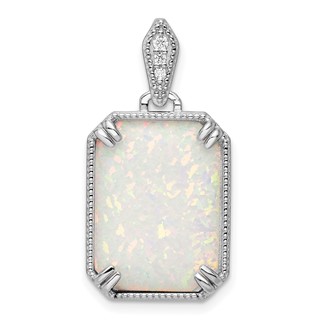 Sterling Silver RH-plated White Created Opal & CZ Beaded Border Pendant