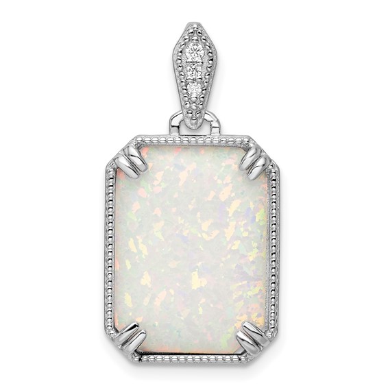 Sterling Silver RH-plated White Created Opal & CZ Beaded Border Pendant
