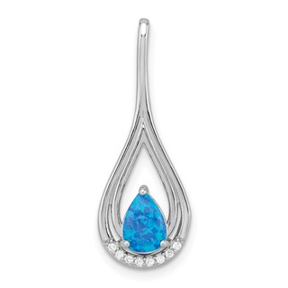 Sterling Silver Rhodium-plated Polished Blue Created Opal & CZ Pendant
