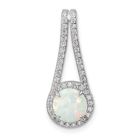 Sterling Silver Rhodium-plated Polished White Opal & CZ Halo Pendant