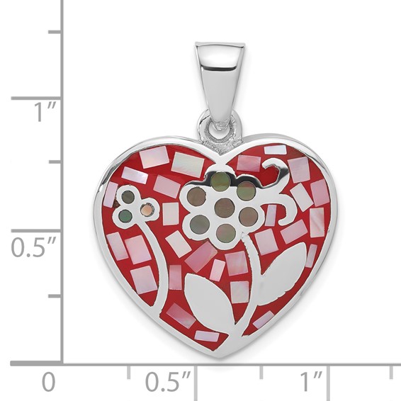 Sterling Silver Multicolored Stone Inlay Flower Heart Pendant