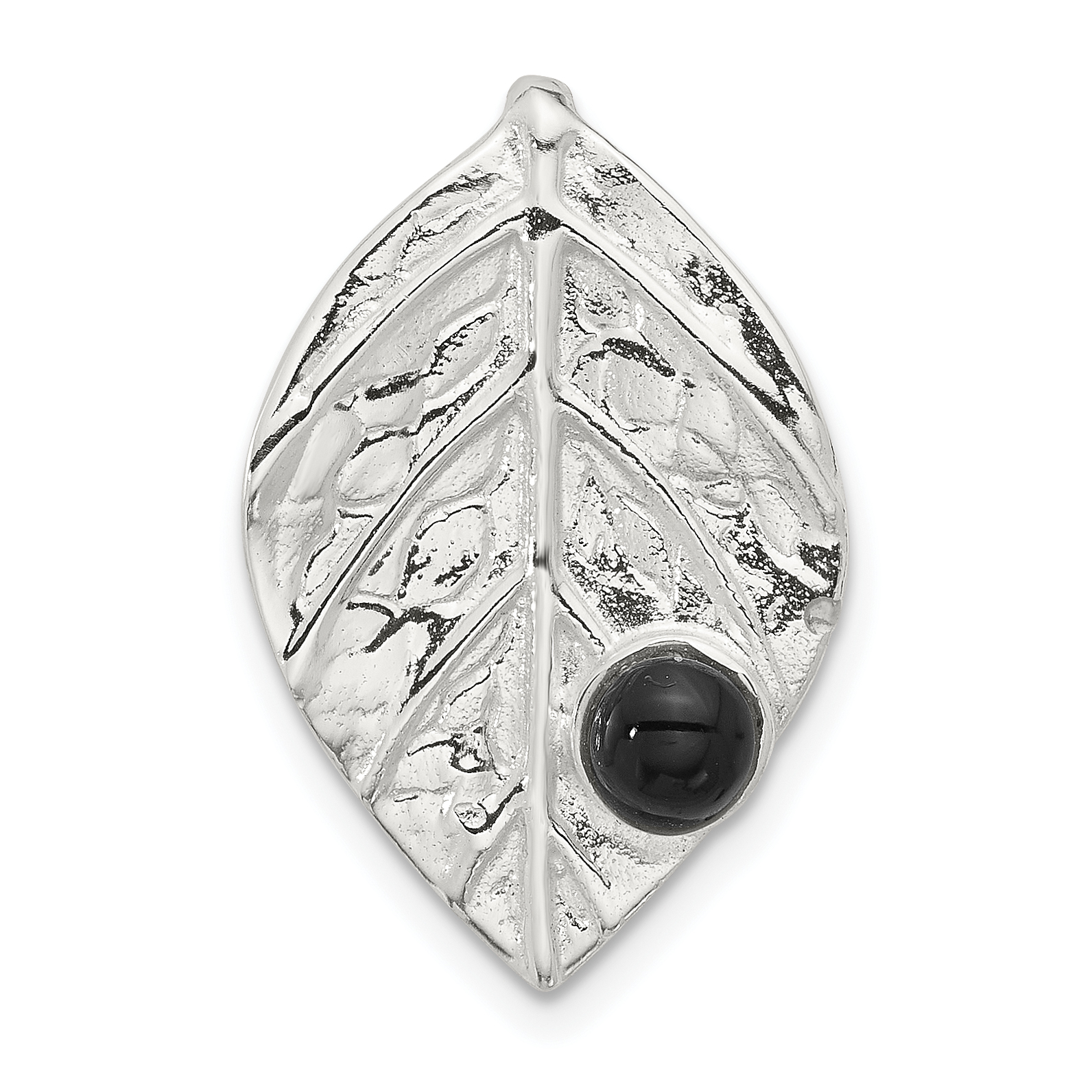Sterling Silver Polished and Textured with Onyx Leaf Slide Pendant (QP5749)