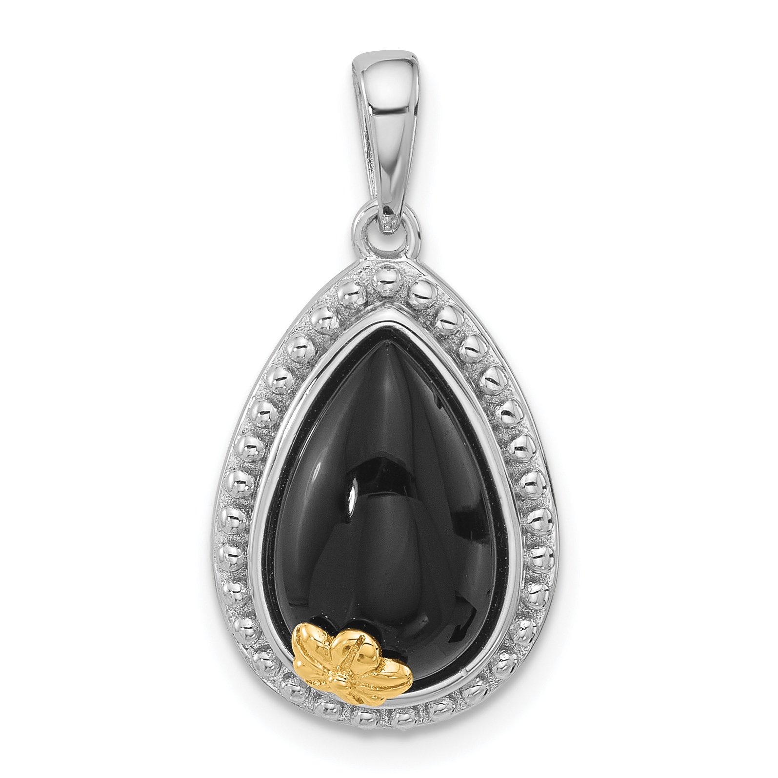 Sterling Silver w/14k accent Rhodium-plated Black Onyx Teardrop Pendant (QP5750)