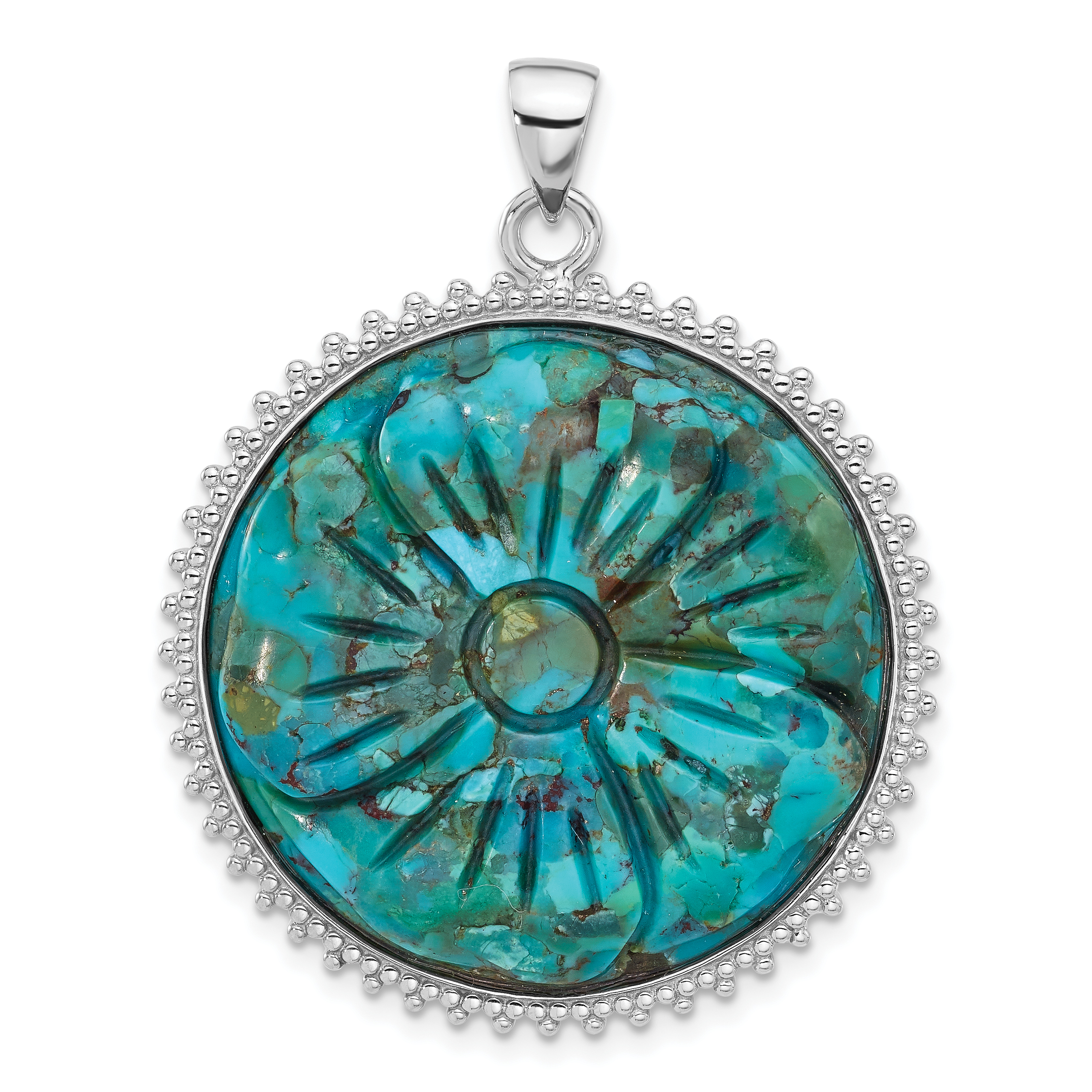 Sterling Silver Rhodium-plated Reconstituted Turquoise Flower Pendant (QP5755)