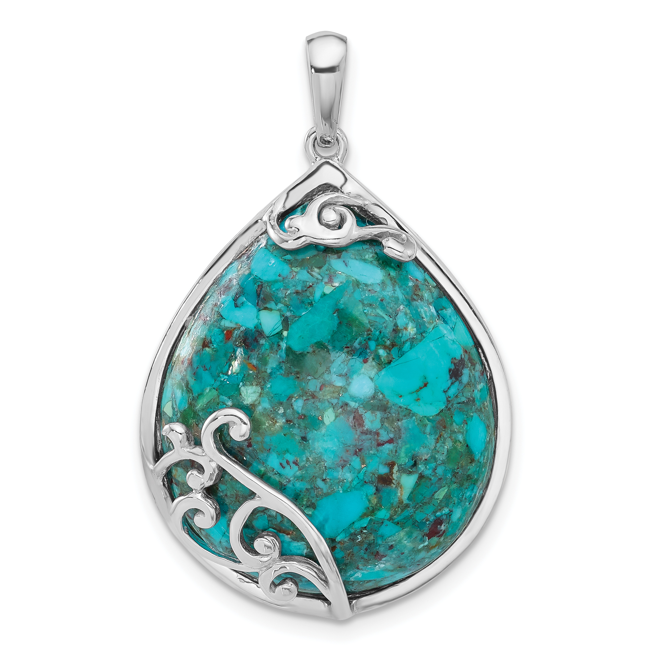Sterling Silver Rhodium-plated Reconstituted Turquoise Teardrop Pendant (QP5756)