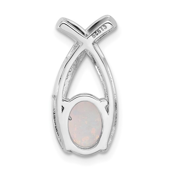 Sterling Silver Rh-plated CZ and White Created Opal Chain Slide Pendant