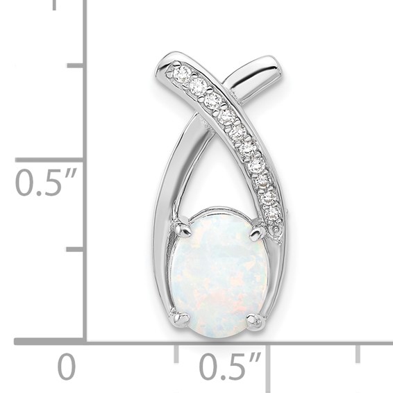 Sterling Silver Rh-plated CZ and White Created Opal Chain Slide Pendant