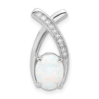 Sterling Silver Rh-plated CZ and White Created Opal Chain Slide Pendant