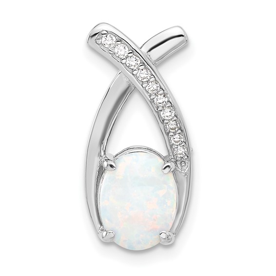 Sterling Silver Rh-plated CZ and White Created Opal Chain Slide Pendant