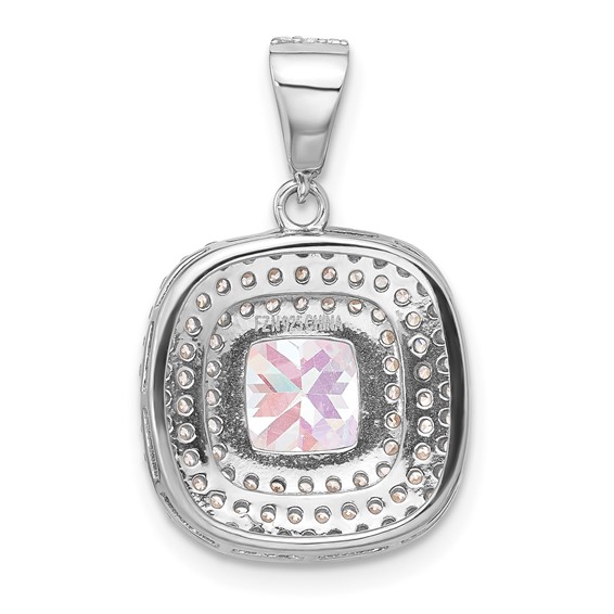Sterling Silver Rh-plated Clear and Iridescent CZ Square Halo Pendant