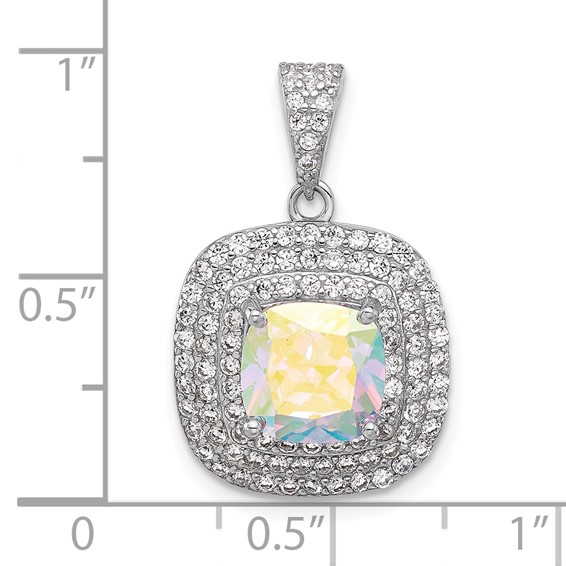 Sterling Silver Rh-plated Clear and Iridescent CZ Square Halo Pendant