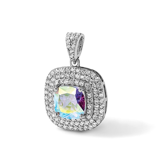 Sterling Silver Rh-plated Clear and Iridescent CZ Square Halo Pendant