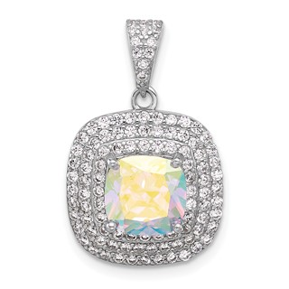 Sterling Silver Rh-plated Clear and Iridescent CZ Square Halo Pendant