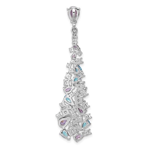 Sterling Silver Rh-plated Polished White/Blue/Purple CZ Teardrop Pendant