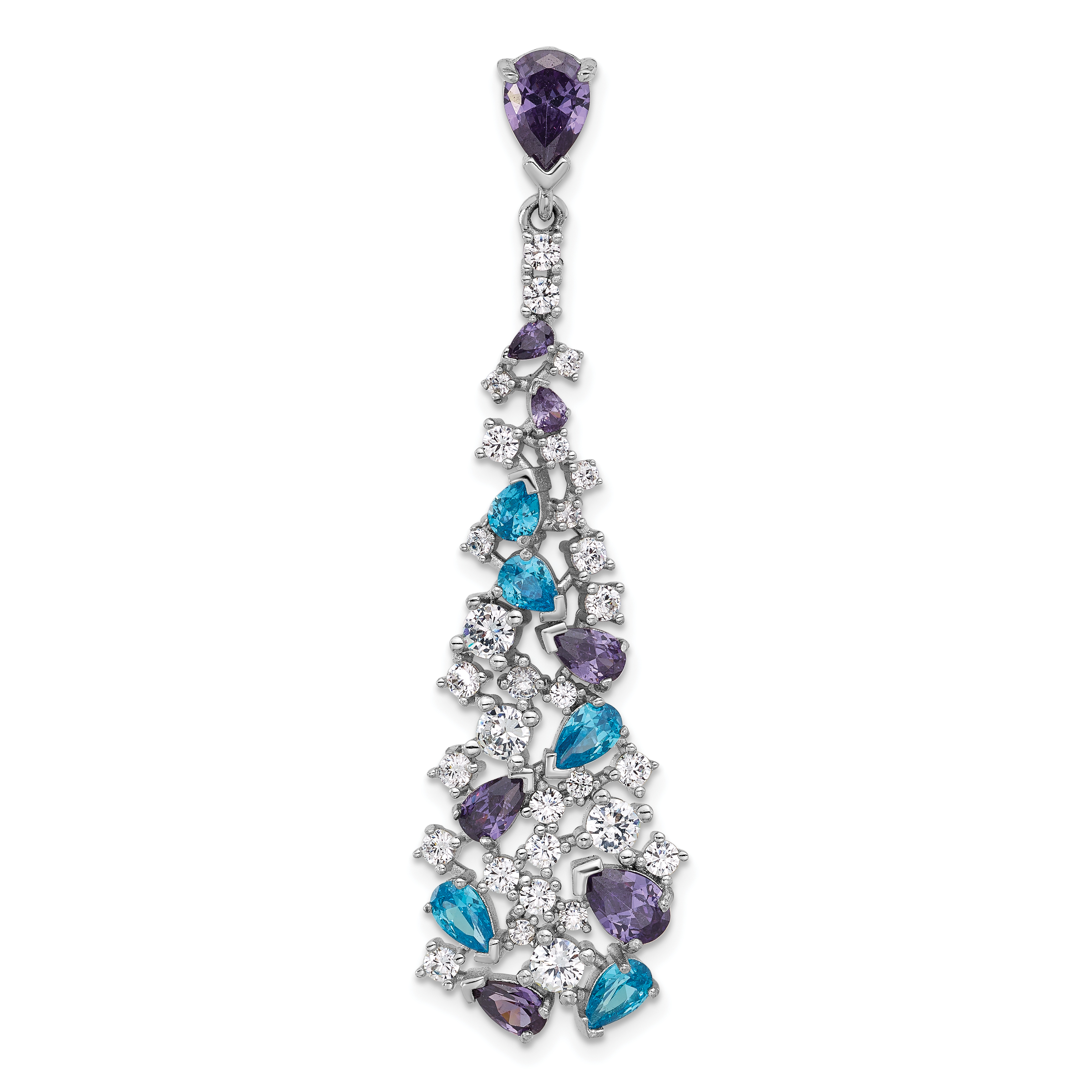 Sterling Silver Rh-plated Polished White/Blue/Purple CZ Teardrop Pendant (QP5770)