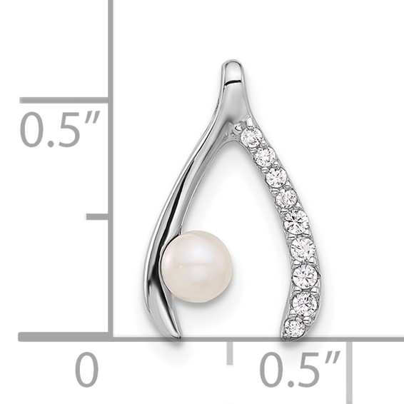 Sterling Silver Rh-plated FWC Pearl/CZ Wishbone Chain Slide Pendant