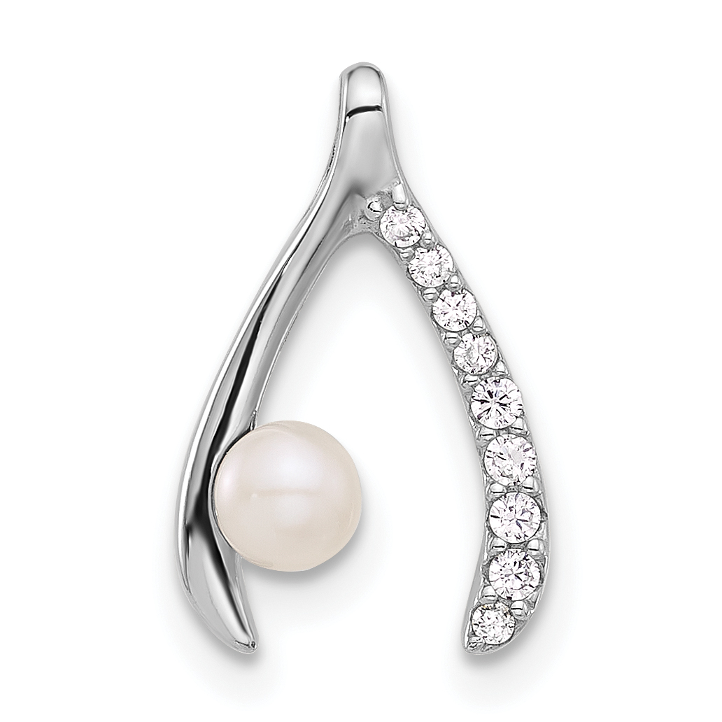 Sterling Silver Rh-plated FWC Pearl/CZ Wishbone Chain Slide Pendant (QP5773)