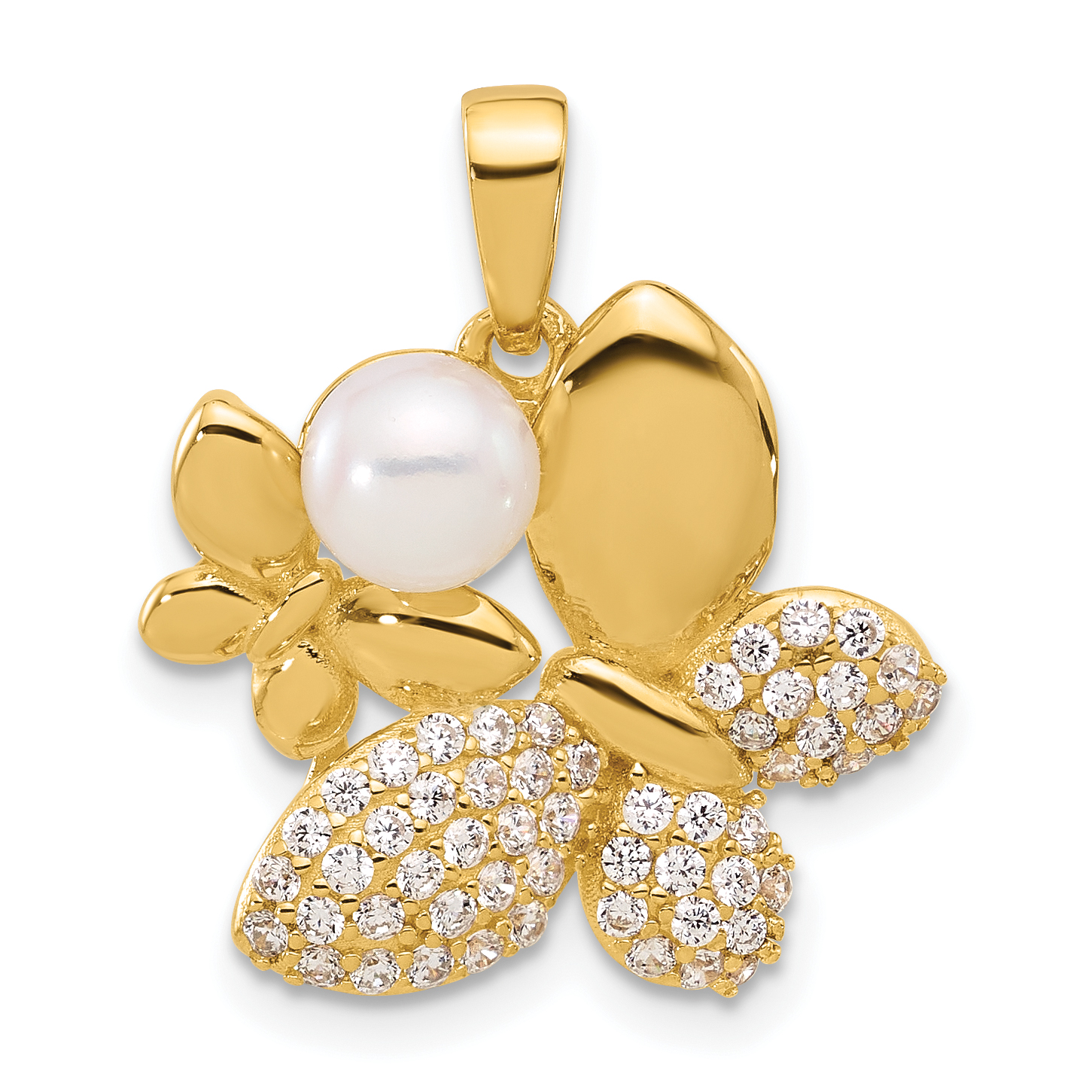 Sterling Silver Gold-plated FWC Pearl and CZ Butterfly Pendants (QP5774GP)