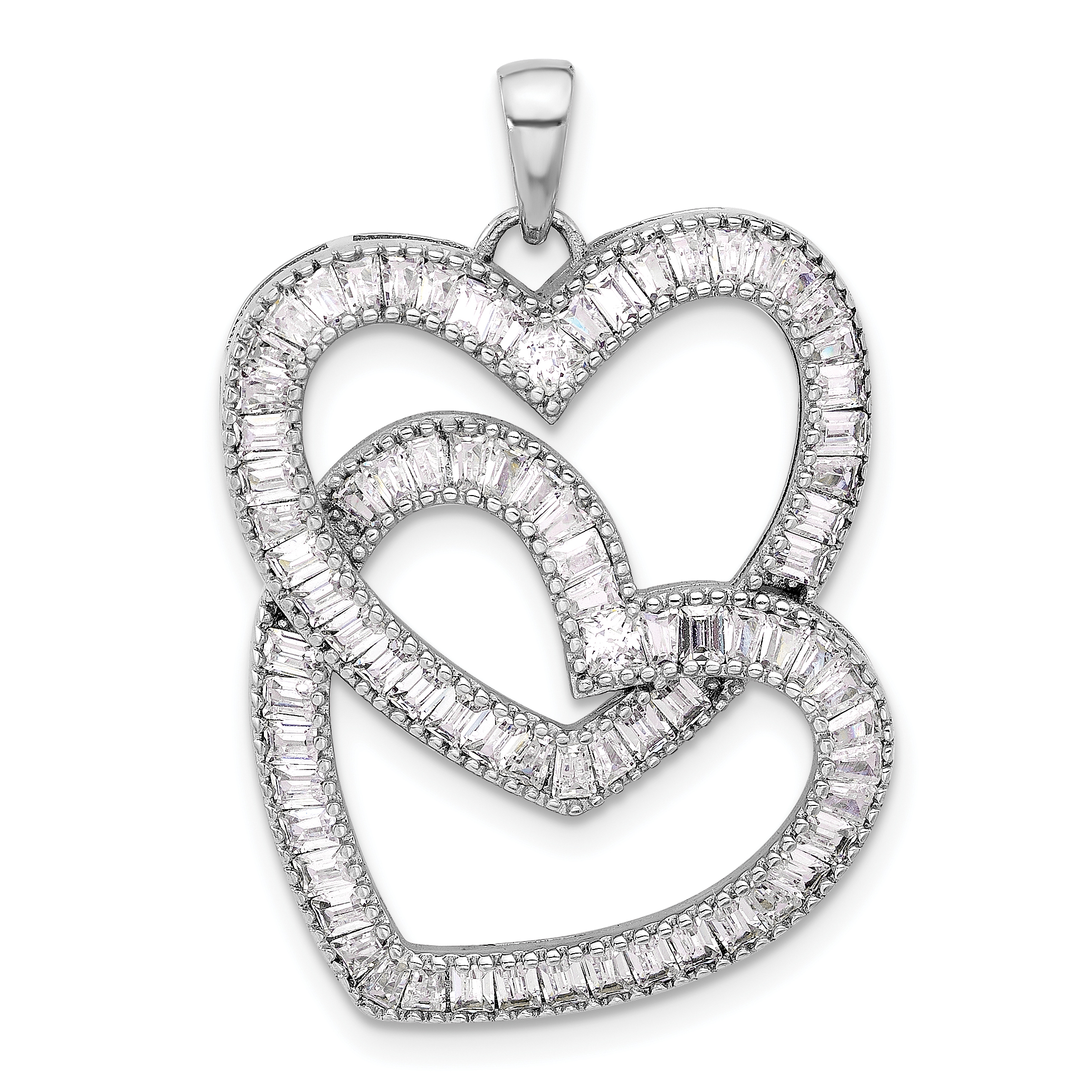Sterling Silver Rhodium-plated Intertwined CZ Hearts Pendant (QP5780)