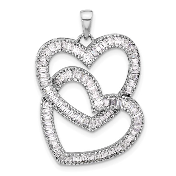 Sterling Silver Rhodium-plated Intertwined CZ Hearts Pendant