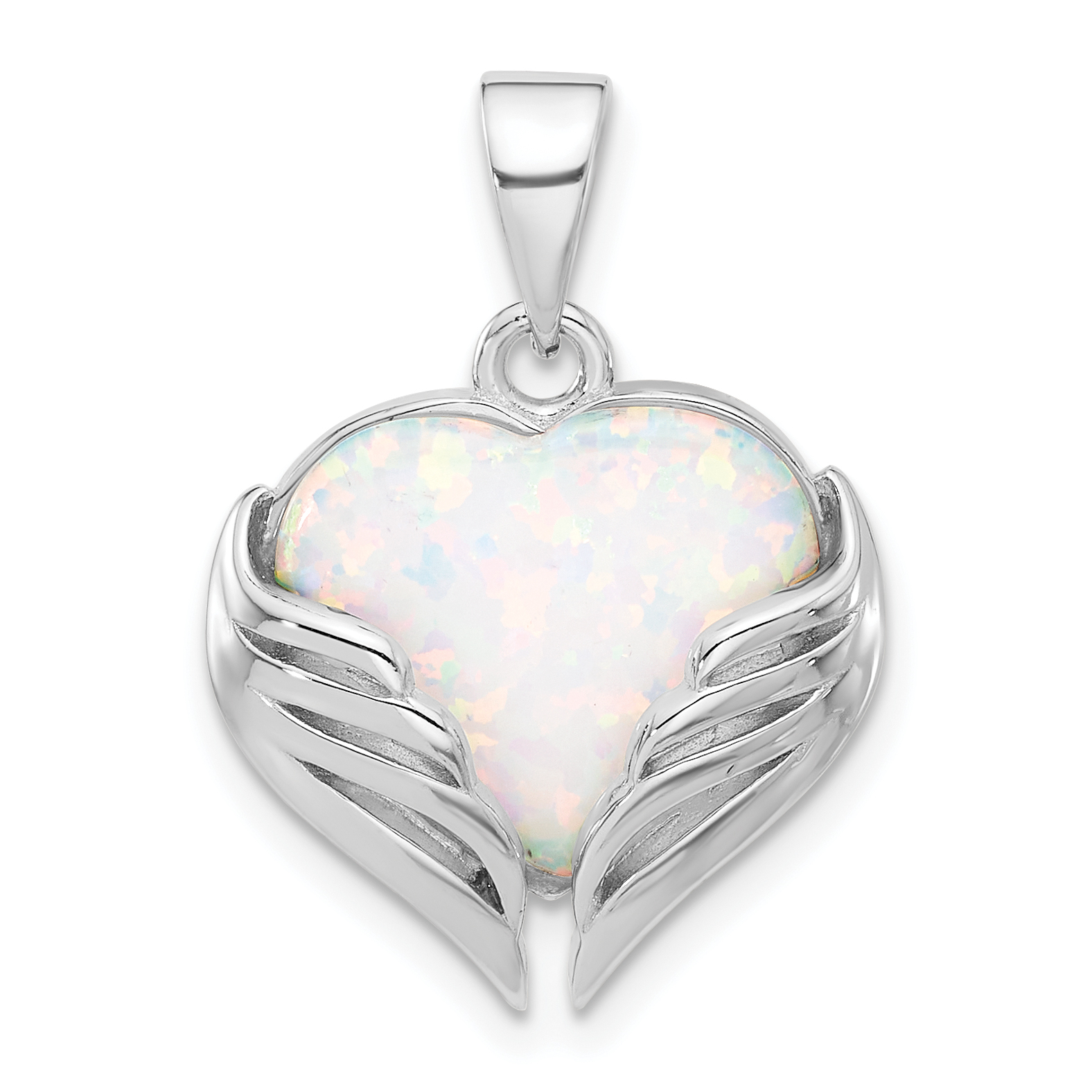Sterling Silver Rhodium-plated White Created Opal Heart Wings Pendant (QP5789)