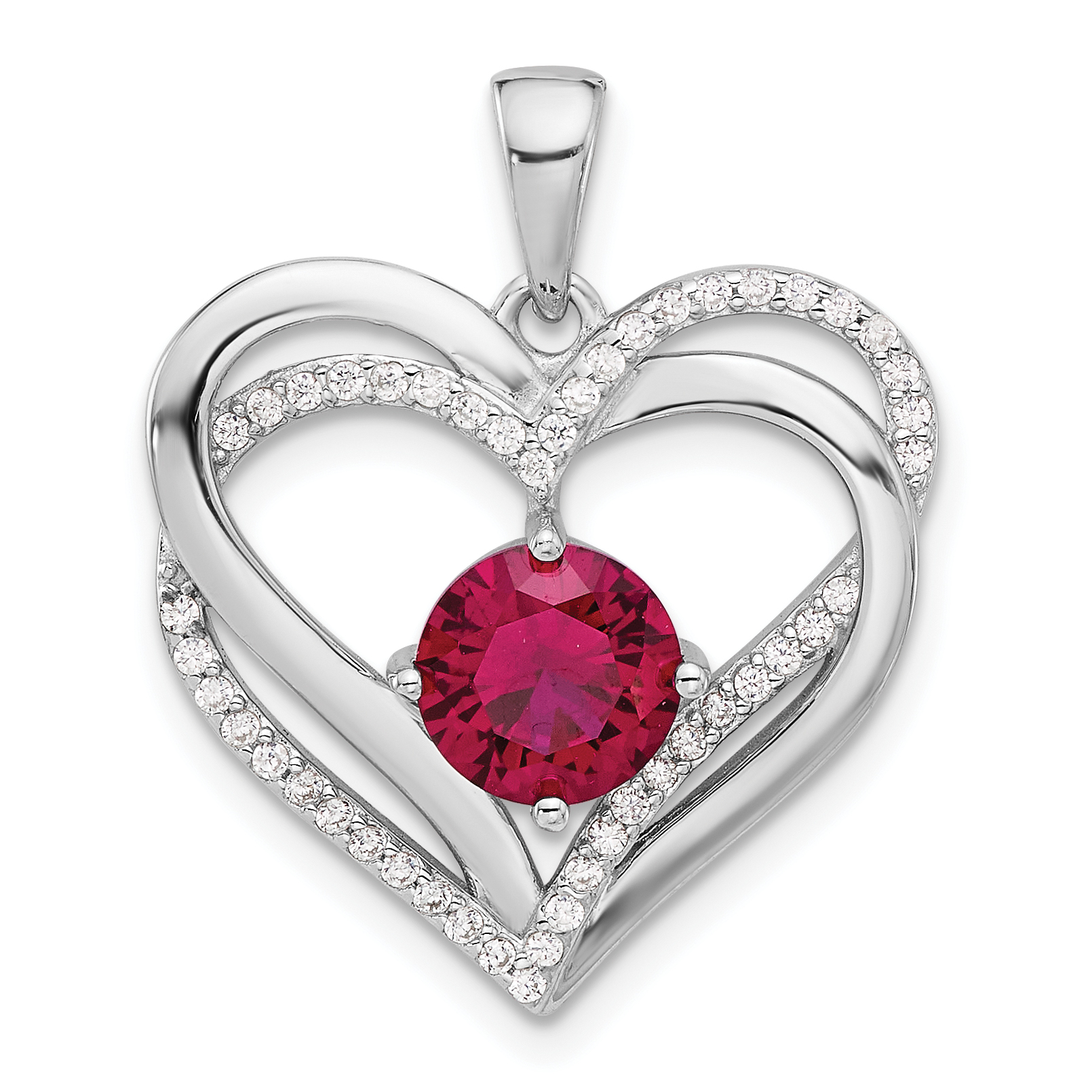 Sterling Silver Rhodium-plated Red and White CZ Double Heart Pendant (QP5792)