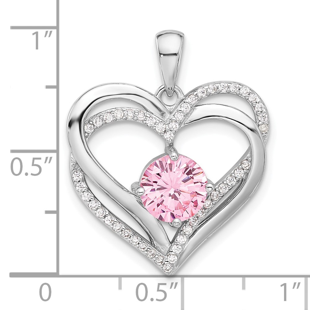 Sterling Silver Rhodium-plated Pink and White CZ Double Heart Pendant (QP5793)