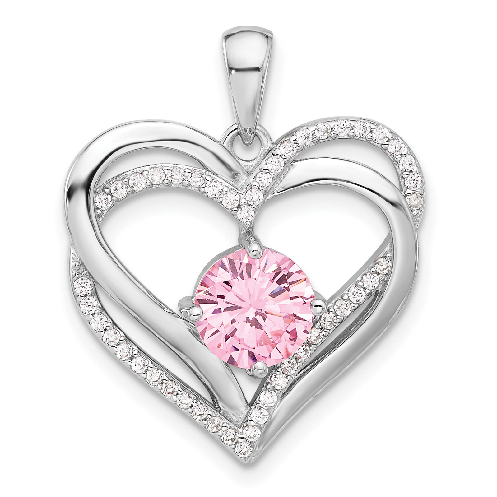Sterling Silver Rhodium-plated Pink and White CZ Double Heart Pendant (QP5793)